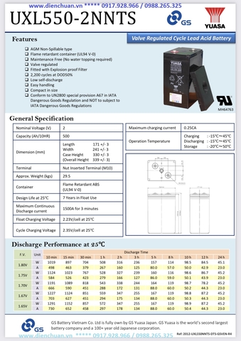 Bình ắc quy YUASA UXL550-2NNTS (2V-500AH)