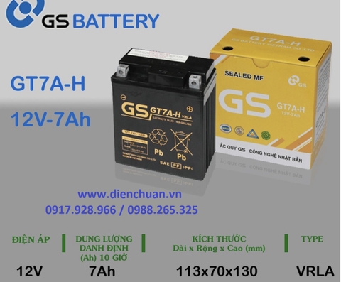 Ắc Quy Xe Máy 12V 7AH GS GT7A-H, ac quy xe máy Honda LEAD, SCR , SH, @ GS GT7A-H (12V-7Ah)