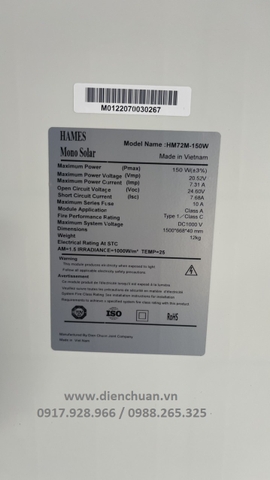 Tấm pin năng lượng mặt trời Mono 150W Hames HM72M-150W