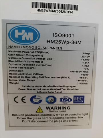Tấm pin năng lượng mặt trời Mono 25W ( Hames HM25Wp-36M)
