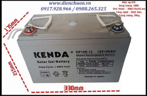 Ắc quy KENDA 12V-100Ah NP100-12 xả sâu dùng cho xe điện - Kích điện- Solar năng lượng mặt trời