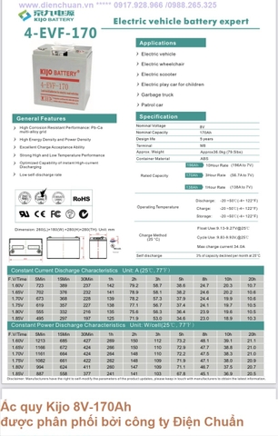 Bình ắc quy dùng cho xe điện du lịch xe golf KIJO 4-EVF-170 (8V- 170AH/3HR, 8V-187Ah/5HR, 8V-210Ah/20HR)