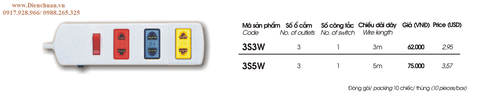 Ổ cắm kéo dài phổ thông LiOA 3S5W 