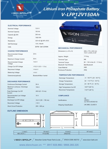 Pin Lithium Vision 12V-150Ah ( V-LFP12V150Ah)