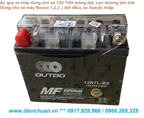 Ắc quy xe máy 12V 7Ah Outdo 12N7L-BS cực dương bên trái, dùng cho xe Nouvo 1-2-3 đời đầu