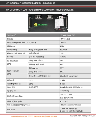 Pin lithium/ Lifepo4 ion 48V 100Ah Gigabox 5E / 5kwh