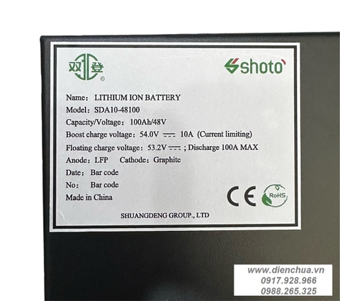 Pin Lithium iron phosphate/ Lifepo4 SHOTO SDA10-48100 48V-100Ah ( 15S /15 Cell )