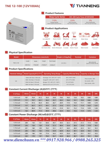 Ắc quy Tianneng TNE12-100 (12V-100AH )/ ắc quy xả sâu dùng cho xe điện, Solar 12V-100Ah TN Power TNE12-100 (12V-100ah)