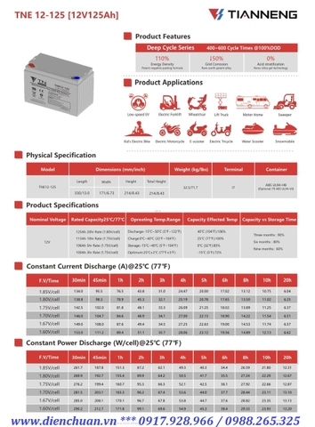 Ắc quy Tianneng TNE12-125 (12V-125AH )/ ắc quy xả sâu dùng cho xe điện, Solar 12V-125Ah TN Power TNE12-125 (12V-125ah)