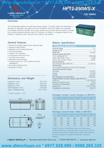 Ắc quy Vision HFS12-890W/ HS12-890WS-X (12V 200Ah )