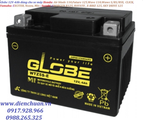 Ắc quy Globe WTZ5S-E 12V-4Ah dùng cho xe máy Air blade 110,Future 125,Wave 110,Wawe S/RS/RSX