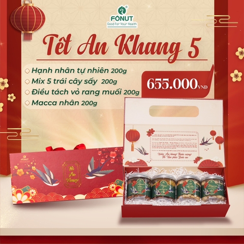 SET QUÀ 5 ( Gồm hộp quà, hạt hạnh nhân, mix 5 trái cây sấy, điều tách vỏ rang muối, macca nhân)