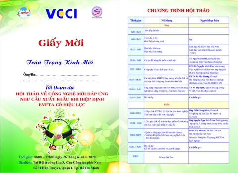 Trân trọng kính mời tham dự Hội thảo về công nghệ mới đáp ứng nhu cầu xuất khẩu khi Hiệp định EVFTA có hiệu lực