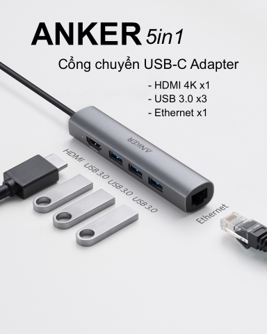 Hub chuyển ANKER Type-C 5in1 HDMI 4K