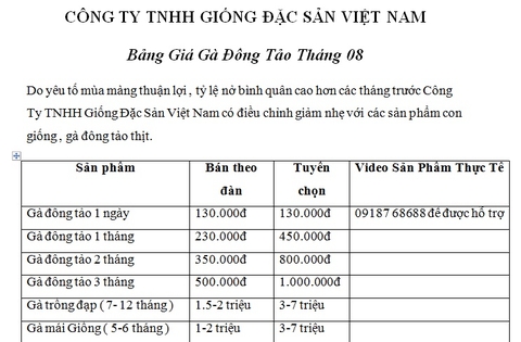 Bảng Giá Gà Đông Tảo 08/2016