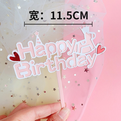 Que cắm mica Happy birthday mẫu nơ trang trí bánh