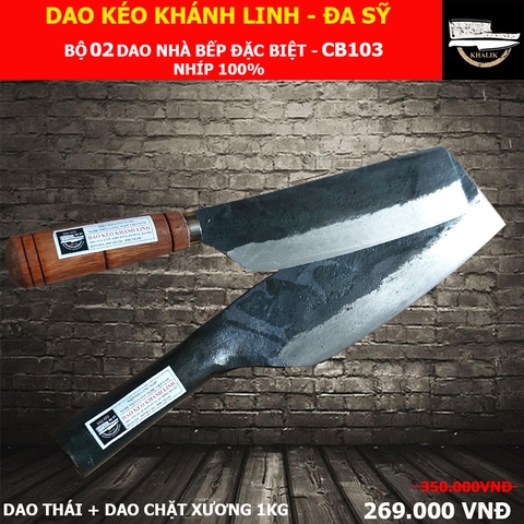Bộ 02 dao nhà bếp - dao phay chặt xương và dao thái cán gỗ lim Đa Sỹ - Khánh Linh - MS: CB103