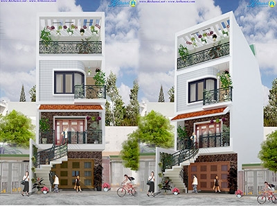 Thiết kế nhà phố 5x13m cầu thang ngoài Văn Điển