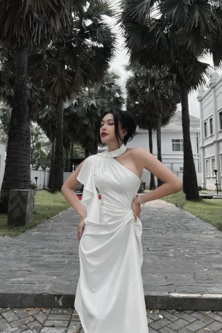 Đầm dự tiệc dáng xòe lệch vai choàng cổ sang trọng Alvin Store 0882