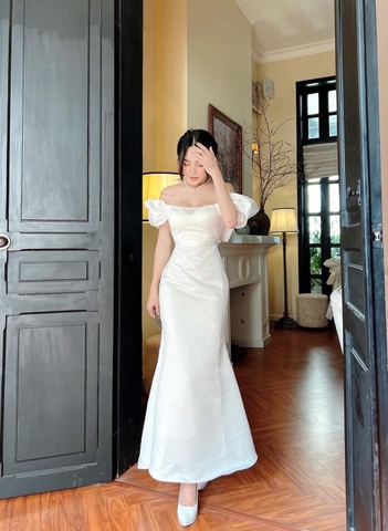 Đầm dạ hội hở vai ngang đuôi cá nhẹ phối lưới (Trắng)