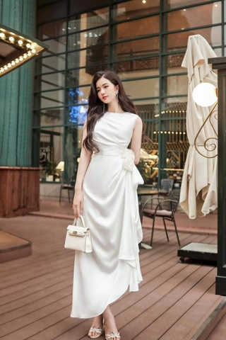 Đầm dạ hội dáng xòe sát nách phối hoa eo dự tiệc sang trọng Alvin Store 1593 (Trắng)