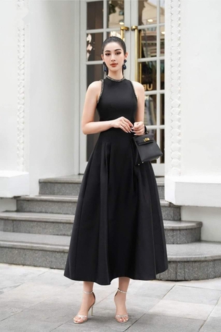 Đầm dự tiệc dáng xòe kiểu sát nách phối túi đính viền ngọc Alvin Store 1599 (Đen)