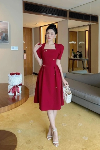 Đầm dự tiệc dáng xòe cúp tay con kèm nơ đá sang trọng Alvin Store 1605 (Đỏ)