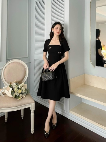 Đầm dự tiệc dáng xòe cúp tay con kèm nơ đá sang trọng Alvin Store 1605 (Trắng)