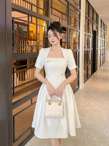 Đầm dự tiệc dáng xòe cúp tay con kèm nơ đá sang trọng Alvin Store 1605 (Trắng)