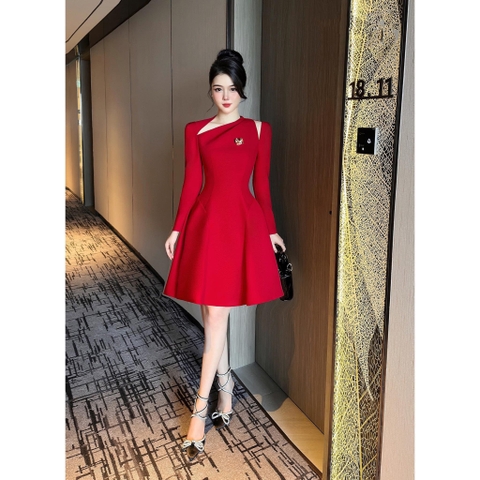 Đầm dự tiệc dáng xoè ngắn tay dài phối logo sang trọng Alvin Store 1616 (Đỏ)