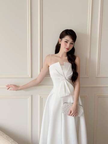 Đầm xòe dài hai dây cúp ngực phối nơ Alvin Store 2935 (Trắng)