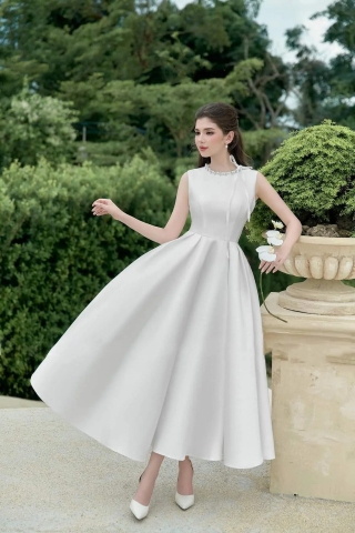 Đầm dự tiệc dáng xòe dài sát nách phối dây ngọc sang trọng Alvin Store 2943