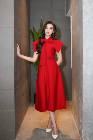 Đầm xòe vintage tay ngắn cổ phối nơ (Đỏ)