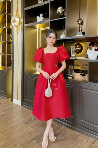 Đầm dự tiệc dáng xòe dài tay phồng đính nơ đá sang trọng Alvin Store 1604 (Đỏ)