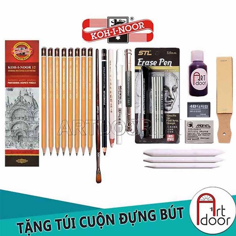 Bộ dụng cụ vẽ chì KOH/ FABER/ STAEDTLER truyền thần chuyên nghiệp (túi vải)