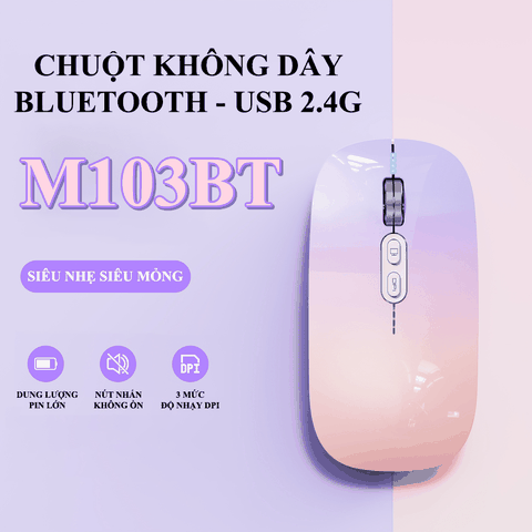 Chuột không dây M103BT kết nối Bluetooth và USB 2.4G thiết kế siêu mỏng siêu nhẹ, đa dạng màu sắc phối màu hiện đại