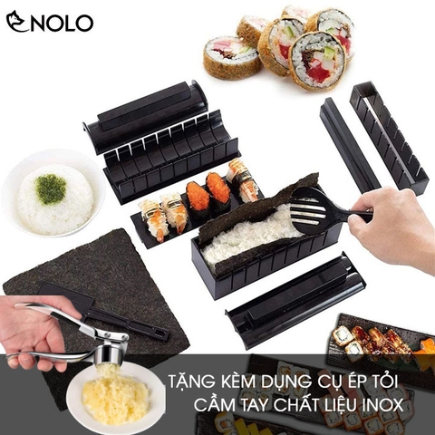 Bộ Dụng Cụ Khuôn Làm Sushi Cơm Cuộn Kimbap 10 Món Chất Liệu Nhựa PP Tặng Kèm Dụng Cụ Ép Tỏi Cầm Tay Chất Liệu Inox