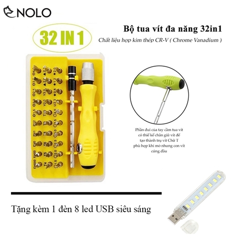 Bộ Tua Vít Sửa Chữa 32in1 Kết Hợp Trục Chữ T Chất Liệu Hợp Kim Chrome Vanadium Chịu Lực Có Hộp Đựng Tặng Kèm Đèn 8 Led USB