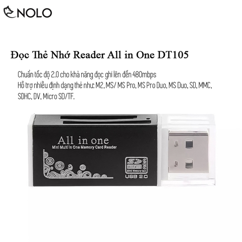 Đầu Đọc Thẻ Nhớ Reader Chuẩn Tốc Độ 2.0 All In One Model DT105 Hỗ Trợ Nhiều Định Dạng Thẻ Nhớ MS Pro M2 MicroSD TF MS Duo SD SDHC