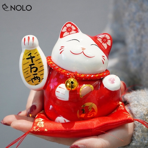 Mèo Thần Tài Mini Trang Trí Maneki Neko Chất Liệu Gốm Men Mang Ý Nghĩa Chiêu Tài May Mắn Thu Hút Tài Lộc Có Đệm Ngồi