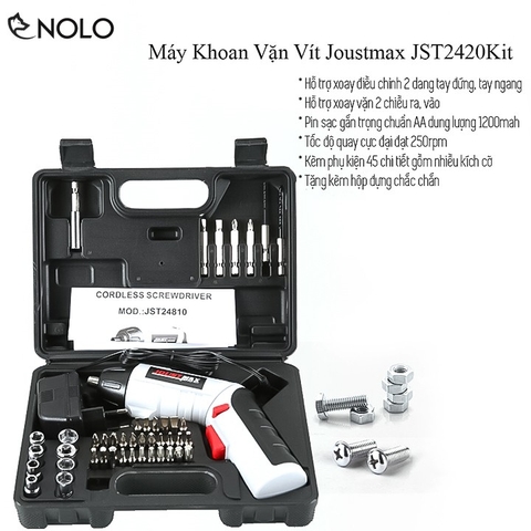 Bộ Máy Khoan 45in1 Mini Pin Sạc Joustmax Model JST2420Kit Chuyên Dụng Tháo Lắp Ốc Vít Vặn Tốc Độ Vặn Không Tải 250rpm