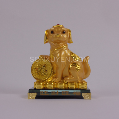 Chó mạ vàng kệ kính có đồng tiền Cao 16,5 cm Rộng 14 cm