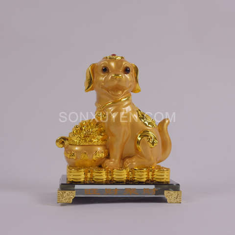 Chó mạ vàng kệ kính có hủ vàng Cao 16,5 cm Rộng 14 cm