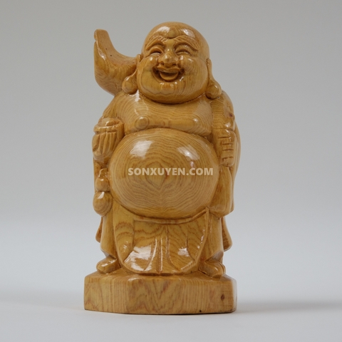 Phật di lặc cầm thoi vàng bằng gỗ pơ mu  cao 15,5 cm rộng 7,5 cm