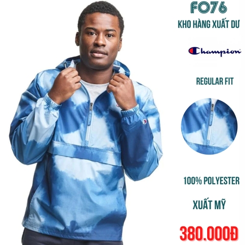 CHAMPION - ÁO KHOÁC DÙ NAM KIỂU NỬA KHOÁ CÓ NÓN MÀU LOANG XANH