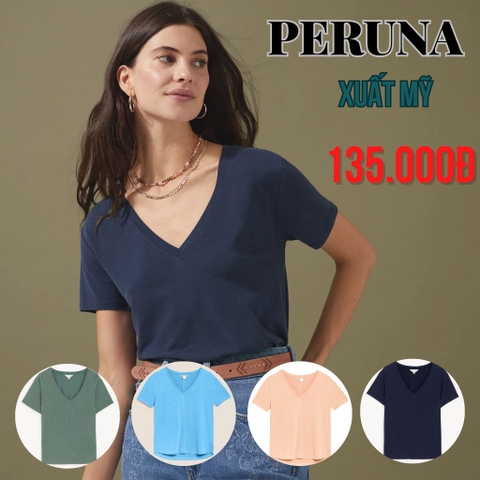 PERUNA - ÁO THUN NỮ TAY NGẮN CỔ TIM MÀU TỔNG HỢP