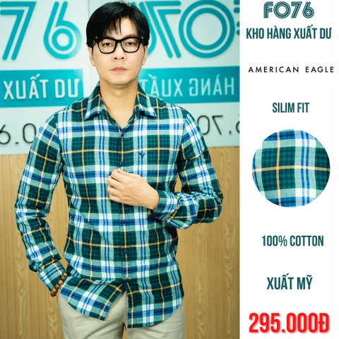 AMERICAN EAGLE - ÁO SƠ MI NAM TAY DÀI SLIM FIT MÀU CARO SỌC XANH- RN 54485