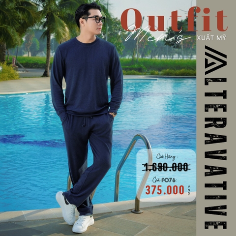 ALTERAVATIVE - BỘ ÁO THUN NAM CỔ TRÒN VÀ QUẦN THUN THU ĐÔNG XUẤT MỸ XANH NAVY