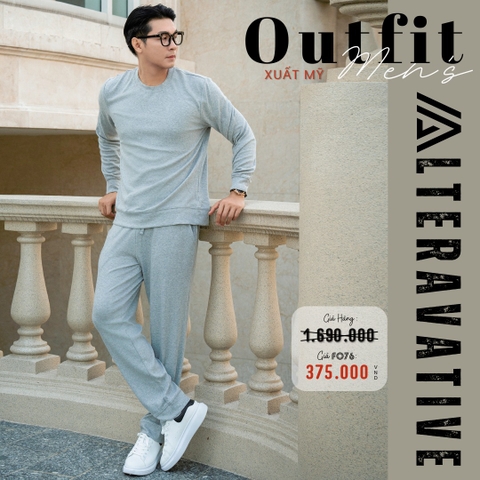 ALTERAVATIVE - BỘ ÁO THUN NAM CỔ TRÒN VÀ QUẦN THUN THU ĐÔNG XUẤT MỸ MÀU XÁM