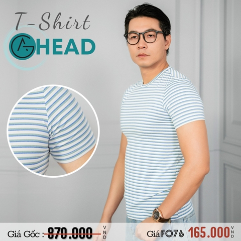 AHEAD - ÁO THUN NAM CỔ TRÒN TAY NGẮN SỌC NGANG MÀU XANH RN# 137535